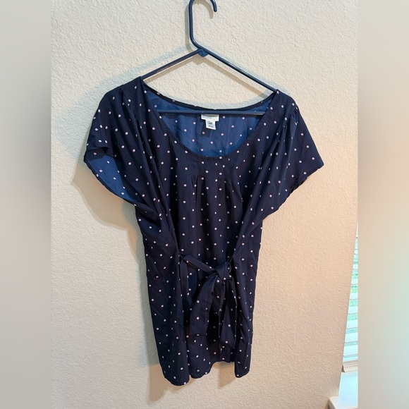 Motherhood Maternity Tops - Motherhood Maternity Polka Dot Top Navy Pink Blouse - Size L w/ Tie Short Sleeve